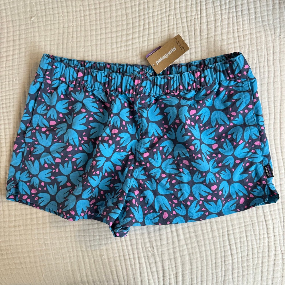 Patagonia Womens Barely Baggies Shorts Pollen Confetti Dolomite Blue Pink Size L